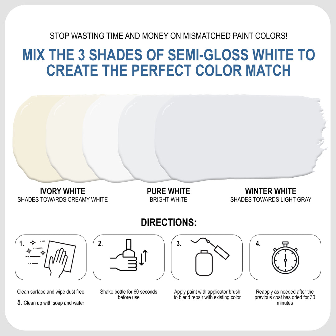 Semi-Gloss White Touch-Up Paint Pen Kit - Wall, Kitchen Cabinet, Furniture, Wood Door Touch Up - 3 Color Shades, Instantly Repair & Restore Scratches, Chips, Stains - Mix Perfect Color Match