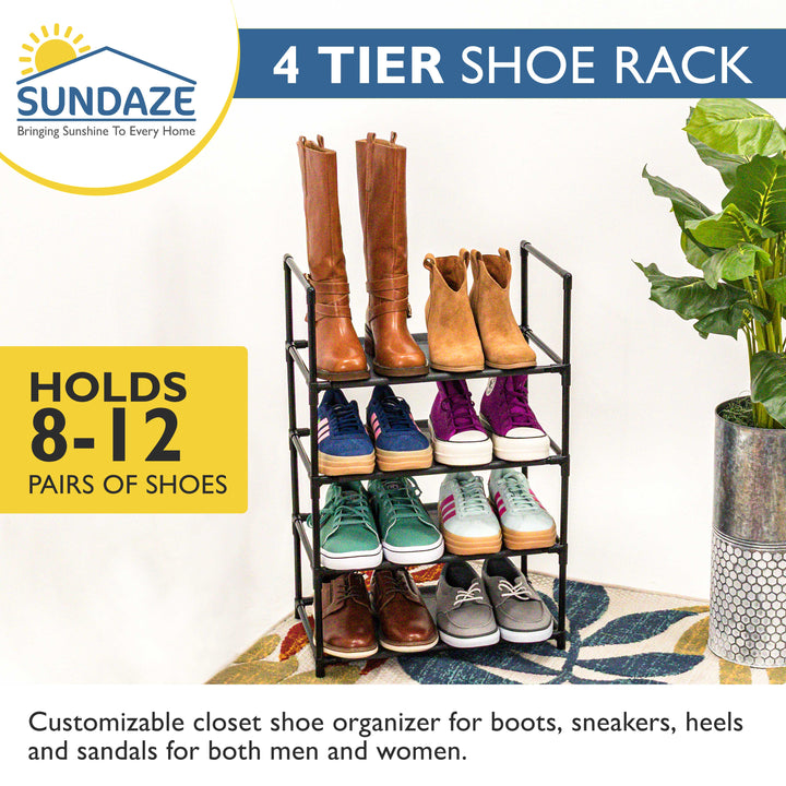 4 Tier, 18.3" Wide Shoe Rack for Closet, Sturdy Stackable Shoe Organizer for Closet, Bedroom, Entryway, Garage, Non Woven Fabric Shelf, Black, Holds 8-12 pairs