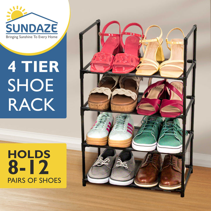 4 Tier Shoe Organizer, Sturdy Stackable Shoe Rack for Closet, Bedroom, Entryway, Garage, Non Woven Fabric Shelf, Black, Holds 8-12 Pairs