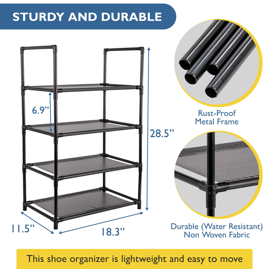 4 Tier, 18.3" Wide Shoe Rack for Closet, Sturdy Stackable Shoe Organizer for Closet, Bedroom, Entryway, Garage, Non Woven Fabric Shelf, Black, Holds 8-12 pairs