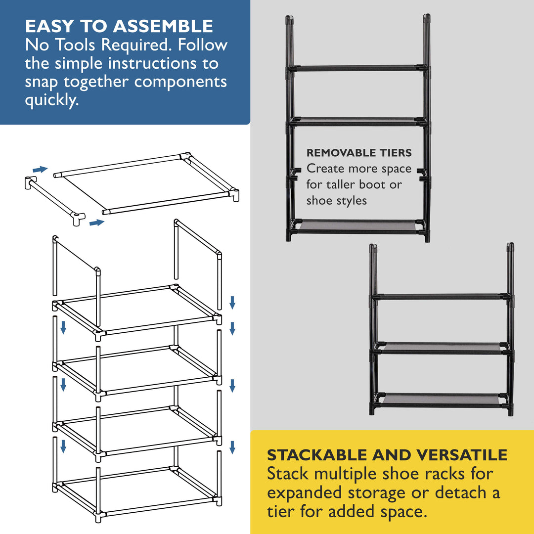 4 Tier, 18.3" Wide Shoe Rack for Closet, Sturdy Stackable Shoe Organizer for Closet, Bedroom, Entryway, Garage, Non Woven Fabric Shelf, Black, Holds 8-12 pairs