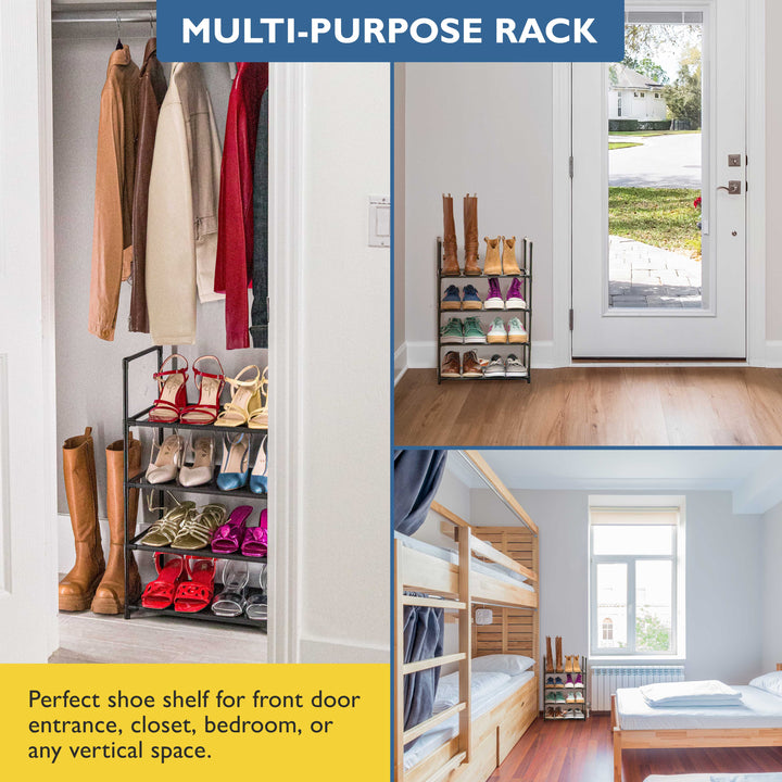 4 Tier Shoe Organizer, Sturdy Stackable Shoe Rack for Closet, Bedroom, Entryway, Garage, Non Woven Fabric Shelf, Black, Holds 8-12 Pairs