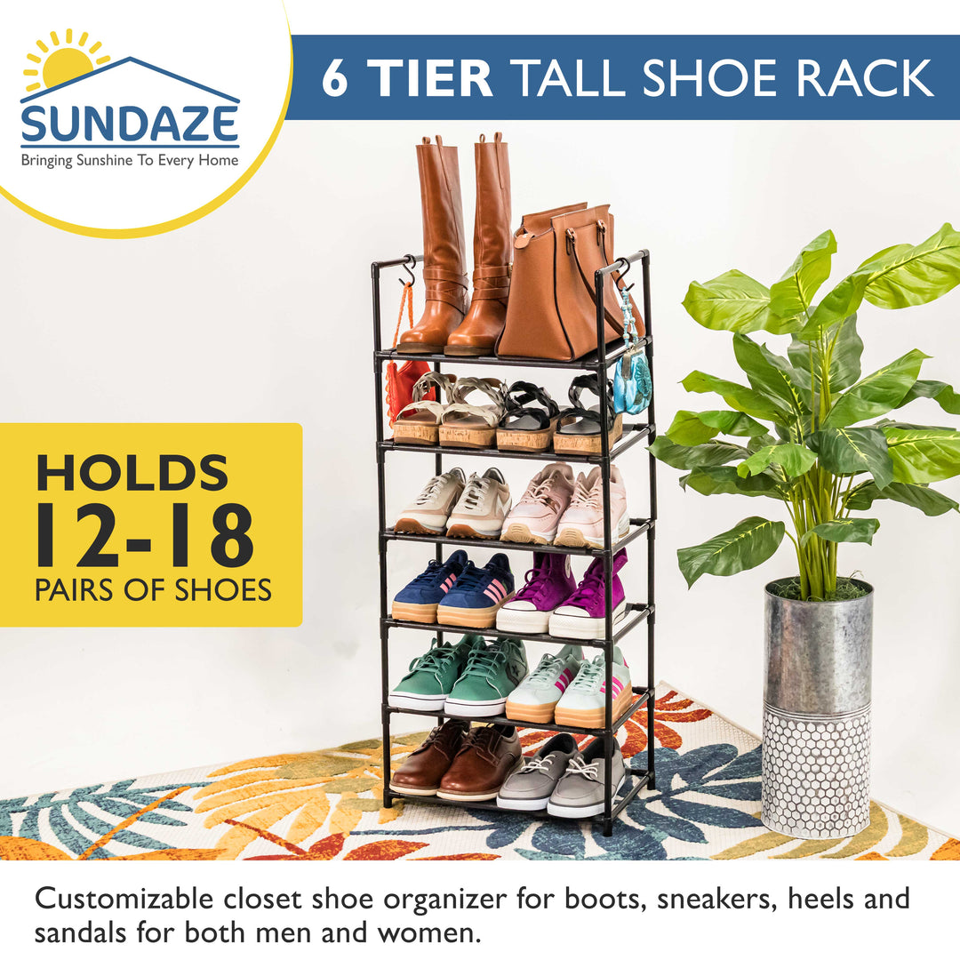 6 Tier, 18.3" Shoe Rack for Closet, Sturdy Stackable Shoe Organizer for Closet, Bedroom, Entryway, Garage, Non Woven Fabric Shelf, Black, Holds 12-18 pairs