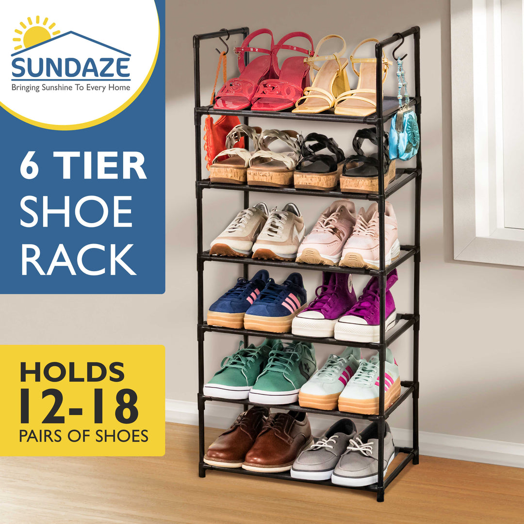 6 Tier, 34.3" Wide Shoe Rack for Front Door Entrance, Sturdy Tall Shoe Organizer for Closet, Bedroom, Entryway, Garage, Non Woven Fabric Shelf, Black, Holds Up to 30 Pairs
