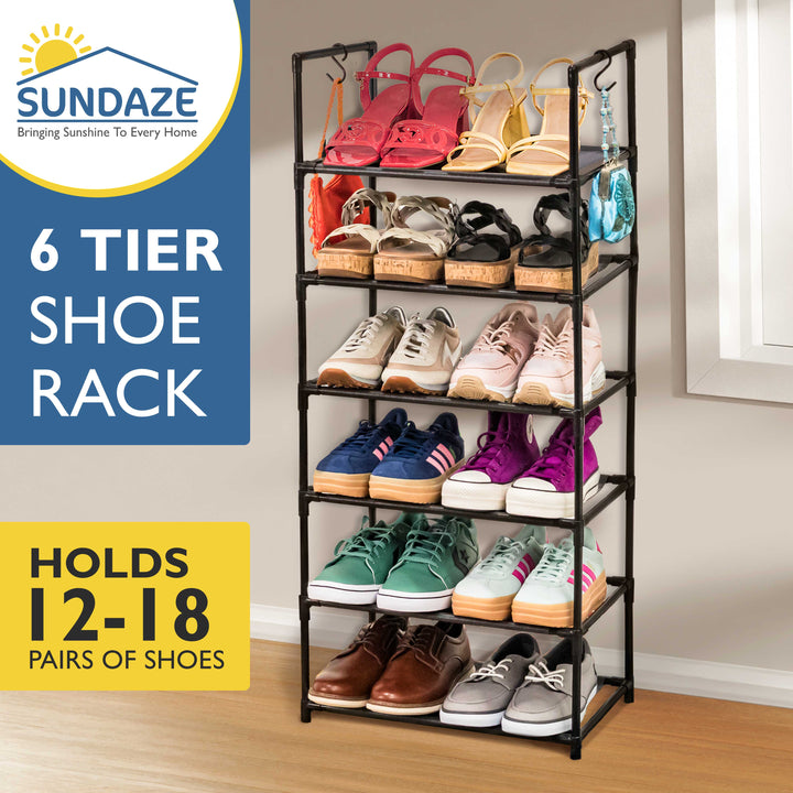 6 Tier, 34.3" Wide Shoe Rack for Front Door Entrance, Sturdy Tall Shoe Organizer for Closet, Bedroom, Entryway, Garage, Non Woven Fabric Shelf, Black, Holds Up to 30 Pairs