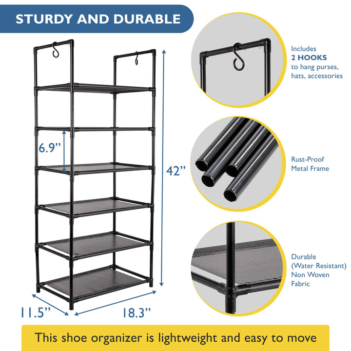 6 Tier, 18.3" Shoe Rack for Closet, Sturdy Stackable Shoe Organizer for Closet, Bedroom, Entryway, Garage, Non Woven Fabric Shelf, Black, Holds 12-18 pairs