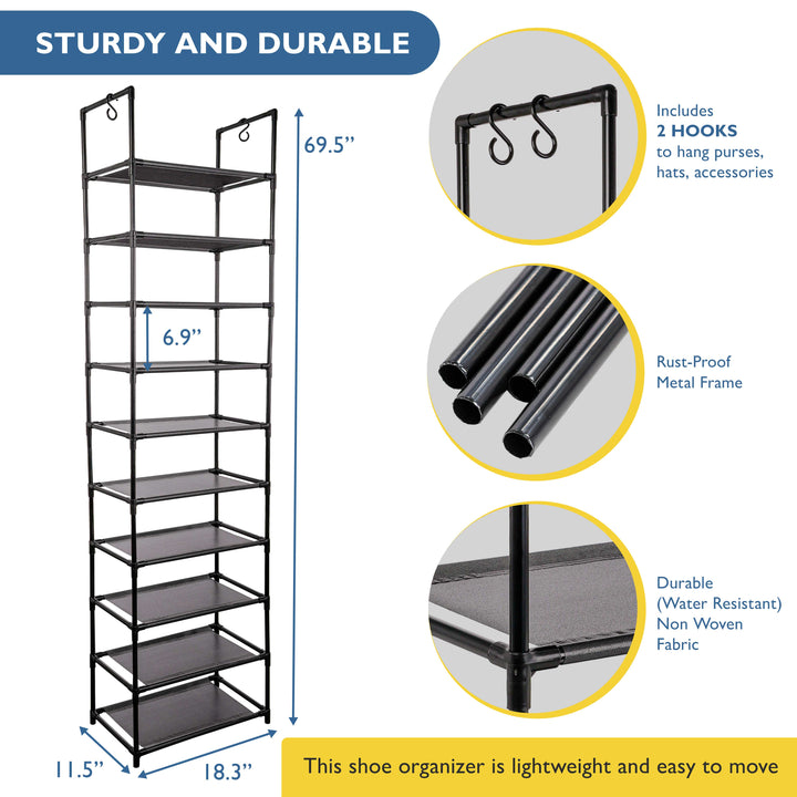 10 Tier, 18.3" Wide Shoe Rack for Closet, Sturdy Stackable Shoe Organizer for Closet, Bedroom, Entryway, Garage, Non Woven Fabric Shelf, Black, Holds 20-30 pairs