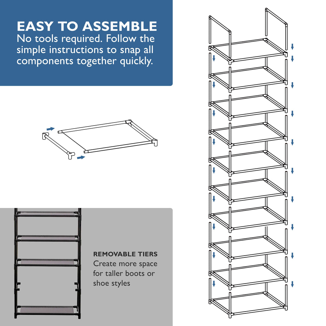 10 Tier, 18.3" Wide Shoe Rack for Closet, Sturdy Stackable Shoe Organizer for Closet, Bedroom, Entryway, Garage, Non Woven Fabric Shelf, Black, Holds 20-30 pairs