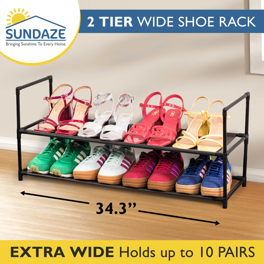 2 Tier, 34.3" Wide Shoe Rack for Front Door Entrance, Sturdy Long Shoe Organizer for Closet, Bedroom, Entryway, Garage, Non Woven Fabric Shelf, Black, Holds Up to 10 Pairs