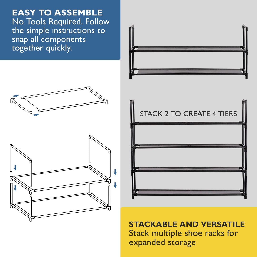 2 Tier, 34.3" Wide Shoe Rack for Front Door Entrance, Sturdy Long Shoe Organizer for Closet, Bedroom, Entryway, Garage, Non Woven Fabric Shelf, Black, Holds Up to 10 Pairs