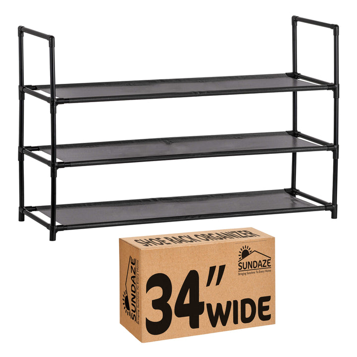 3 Tier, 34.3" Wide Shoe Rack for Front Door Entrance, Sturdy Long Shoe Organizer for Closet, Bedroom, Entryway, Garage, Non Woven Fabric Shelf, Black, Holds Up to 15 Pairs