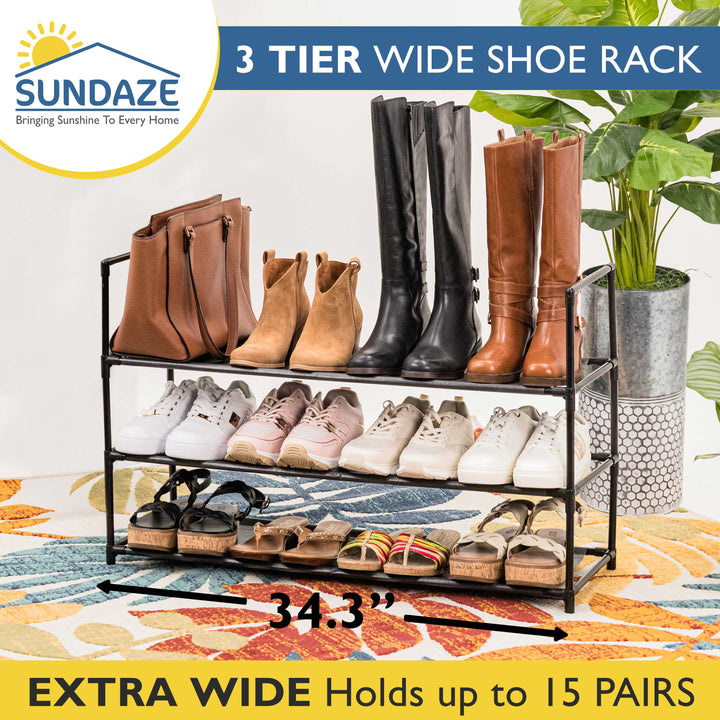 3 Tier, 34.3" Wide Shoe Rack for Front Door Entrance, Sturdy Long Shoe Organizer for Closet, Bedroom, Entryway, Garage, Non Woven Fabric Shelf, Black, Holds Up to 15 Pairs