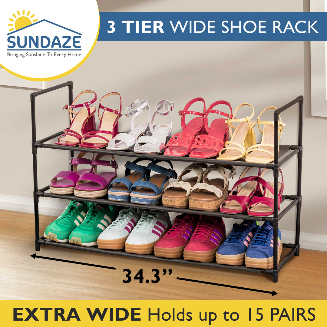 3 Tier, 34.3" Wide Shoe Rack for Front Door Entrance, Sturdy Long Shoe Organizer for Closet, Bedroom, Entryway, Garage, Non Woven Fabric Shelf, Black, Holds Up to 15 Pairs