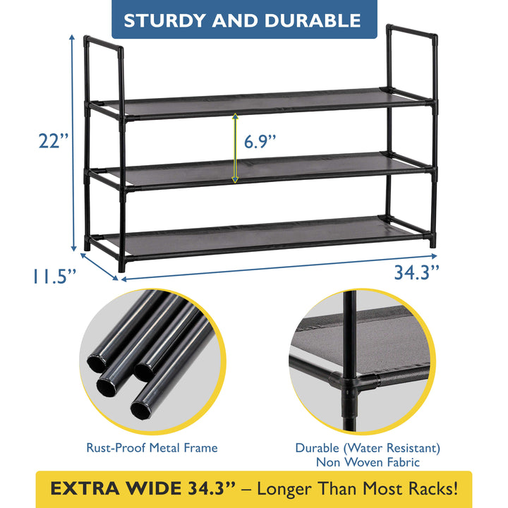 3 Tier, 34.3" Wide Shoe Rack for Front Door Entrance, Sturdy Long Shoe Organizer for Closet, Bedroom, Entryway, Garage, Non Woven Fabric Shelf, Black, Holds Up to 15 Pairs