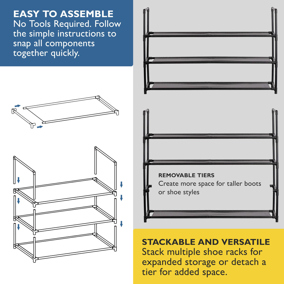 3 Tier, 34.3" Wide Shoe Rack for Front Door Entrance, Sturdy Long Shoe Organizer for Closet, Bedroom, Entryway, Garage, Non Woven Fabric Shelf, Black, Holds Up to 15 Pairs