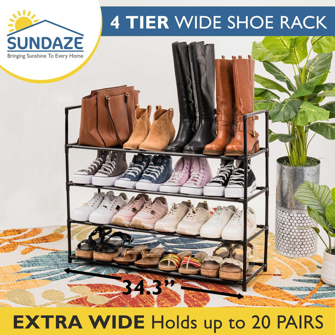 4 Tier, 34.3" Wide Shoe Rack for Front Door Entrance, Sturdy Long Shoe Organizer for Closet, Bedroom, Entryway, Garage, Non Woven Fabric Shelf, Black, Holds Up to 20 Pairs