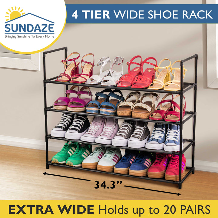 4 Tier, 34.3" Wide Shoe Rack for Front Door Entrance, Sturdy Long Shoe Organizer for Closet, Bedroom, Entryway, Garage, Non Woven Fabric Shelf, Black, Holds Up to 20 Pairs