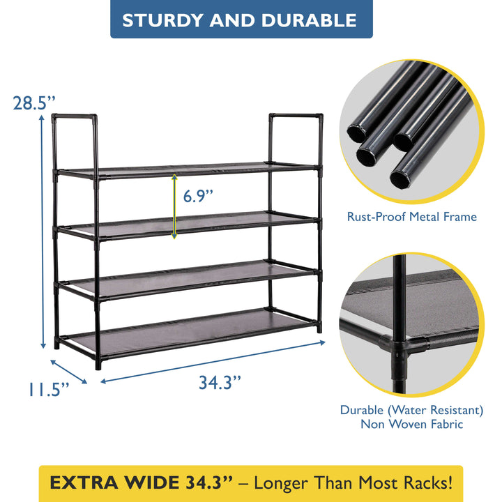 4 Tier, 34.3" Wide Shoe Rack for Front Door Entrance, Sturdy Long Shoe Organizer for Closet, Bedroom, Entryway, Garage, Non Woven Fabric Shelf, Black, Holds Up to 20 Pairs