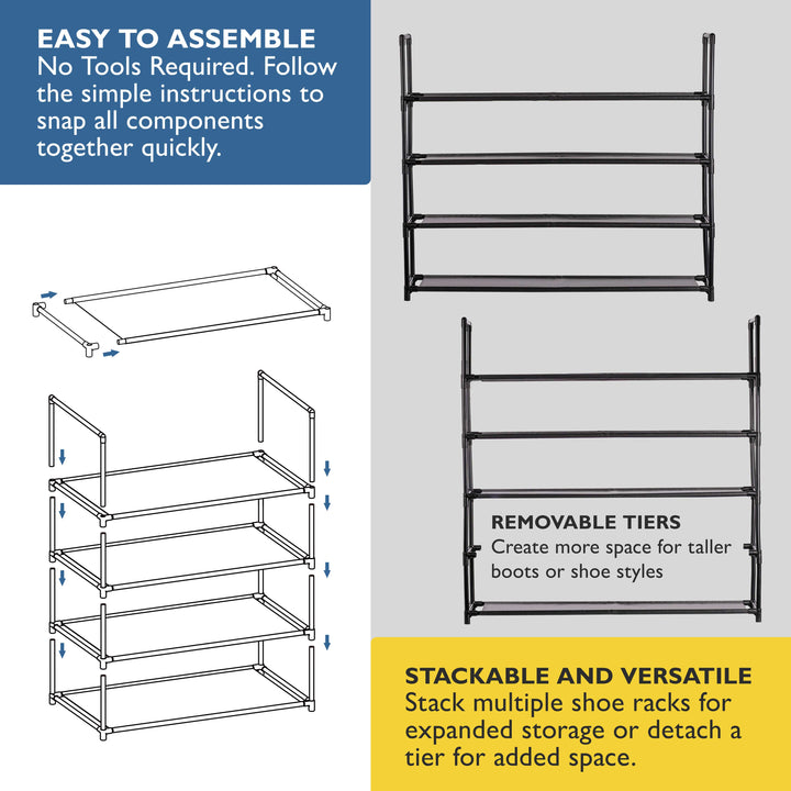 4 Tier, 34.3" Wide Shoe Rack for Front Door Entrance, Sturdy Long Shoe Organizer for Closet, Bedroom, Entryway, Garage, Non Woven Fabric Shelf, Black, Holds Up to 20 Pairs