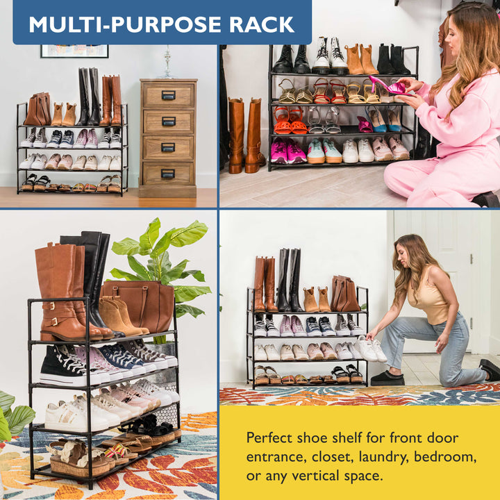 4 Tier, 34.3" Wide Shoe Rack for Front Door Entrance, Sturdy Long Shoe Organizer for Closet, Bedroom, Entryway, Garage, Non Woven Fabric Shelf, Black, Holds Up to 20 Pairs