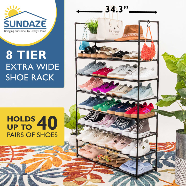 8 Tier, 34.3" Wide Shoe Rack for Front Door Entrance, Sturdy Tall Shoe Organizer for Closet, Bedroom, Entryway, Garage, Non Woven Fabric Shelf, Black, Holds Up to 40 Pairs