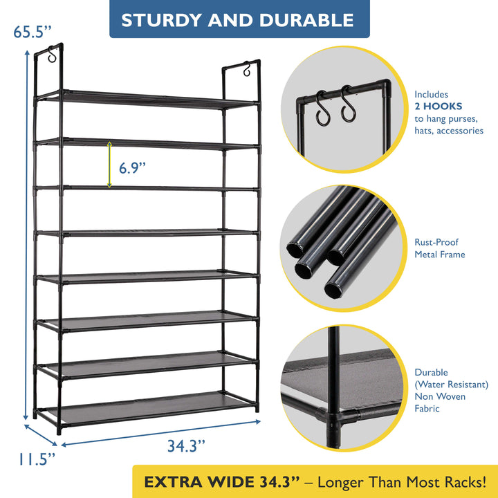 8 Tier, 34.3" Wide Shoe Rack for Front Door Entrance, Sturdy Tall Shoe Organizer for Closet, Bedroom, Entryway, Garage, Non Woven Fabric Shelf, Black, Holds Up to 40 Pairs