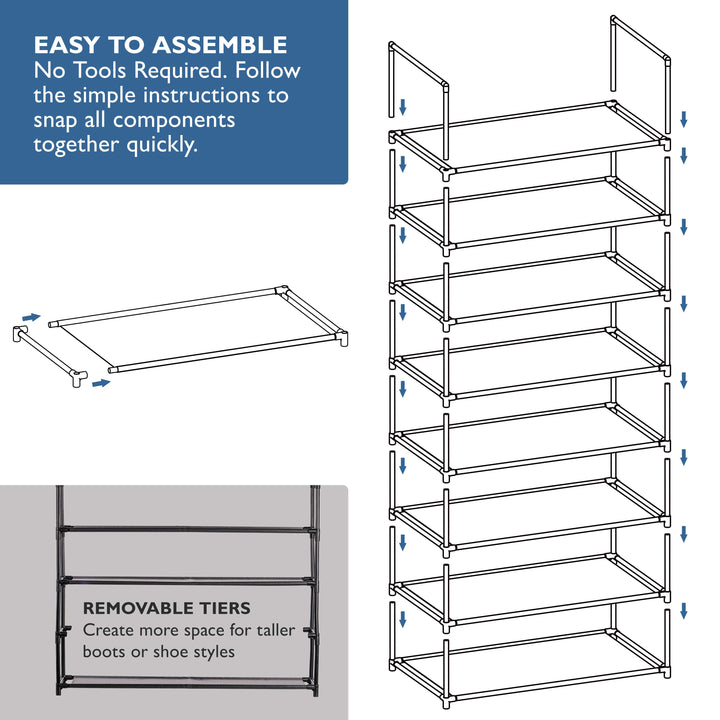 8 Tier, 34.3" Wide Shoe Rack for Front Door Entrance, Sturdy Tall Shoe Organizer for Closet, Bedroom, Entryway, Garage, Non Woven Fabric Shelf, Black, Holds Up to 40 Pairs