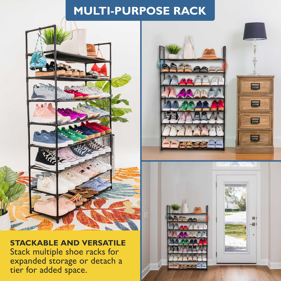 8 Tier, 34.3" Wide Shoe Rack for Front Door Entrance, Sturdy Tall Shoe Organizer for Closet, Bedroom, Entryway, Garage, Non Woven Fabric Shelf, Black, Holds Up to 40 Pairs