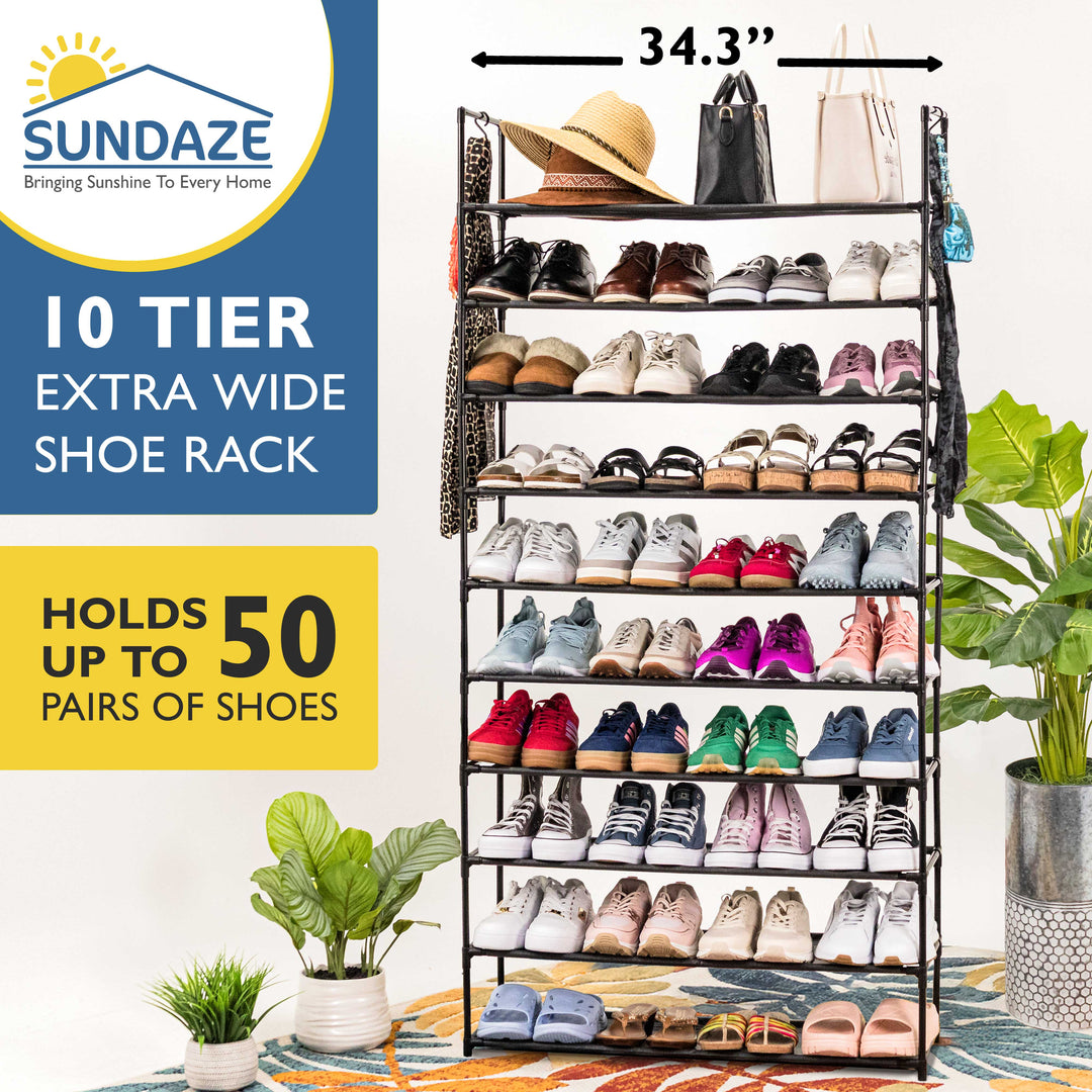 10 Tier, 34.3" Wide Shoe Rack for Front Door Entrance, Sturdy Tall Shoe Organizer for Closet, Bedroom, Entryway, Garage, Non Woven Fabric Shelf, Black, Holds Up to 50 Pairs