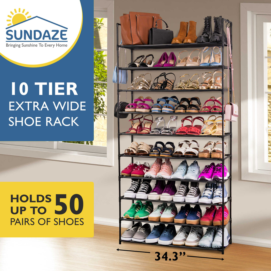 10 Tier, 34.3" Wide Shoe Rack for Front Door Entrance, Sturdy Tall Shoe Organizer for Closet, Bedroom, Entryway, Garage, Non Woven Fabric Shelf, Black, Holds Up to 50 Pairs