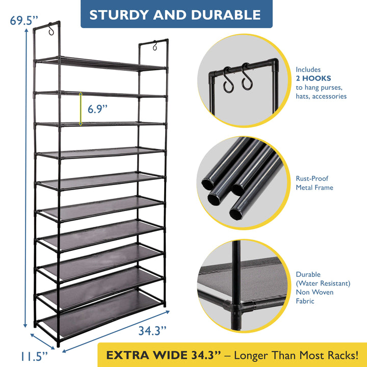 10 Tier, 34.3" Wide Shoe Rack for Front Door Entrance, Sturdy Tall Shoe Organizer for Closet, Bedroom, Entryway, Garage, Non Woven Fabric Shelf, Black, Holds Up to 50 Pairs