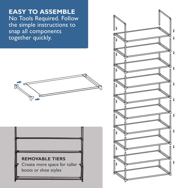 10 Tier, 34.3" Wide Shoe Rack for Front Door Entrance, Sturdy Tall Shoe Organizer for Closet, Bedroom, Entryway, Garage, Non Woven Fabric Shelf, Black, Holds Up to 50 Pairs