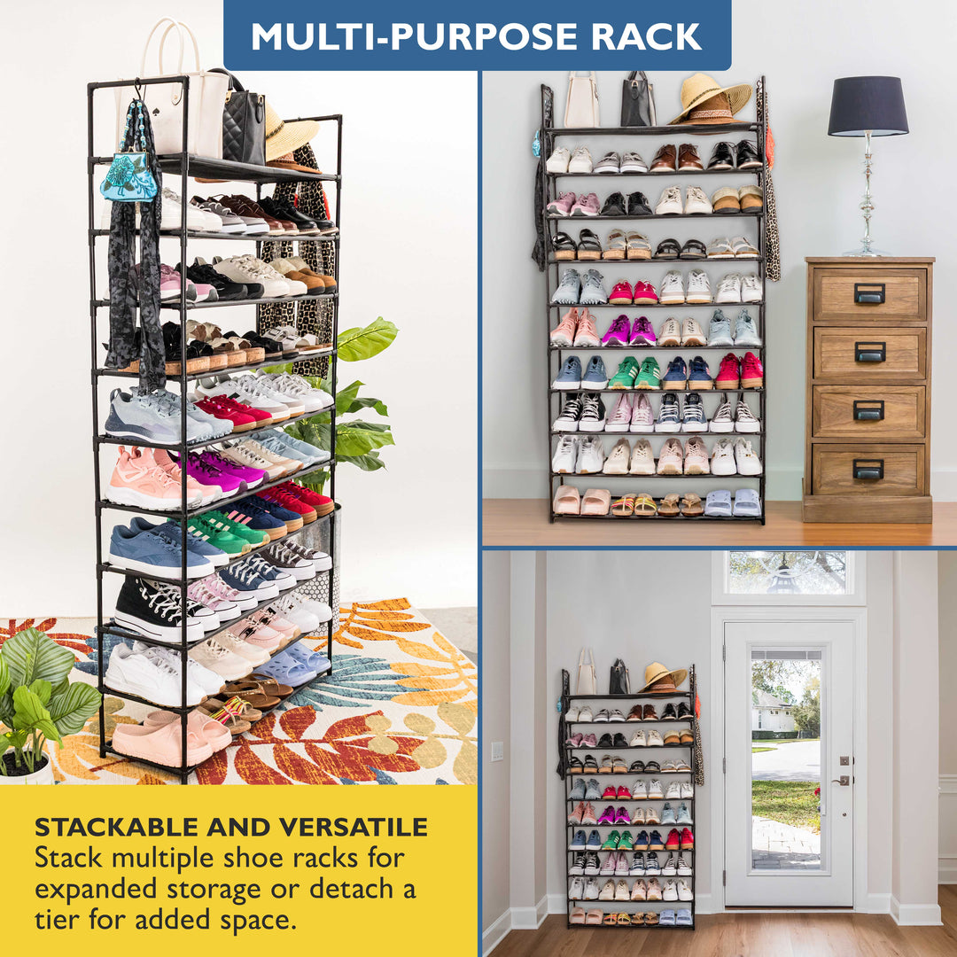 10 Tier, 34.3" Wide Shoe Rack for Front Door Entrance, Sturdy Tall Shoe Organizer for Closet, Bedroom, Entryway, Garage, Non Woven Fabric Shelf, Black, Holds Up to 50 Pairs