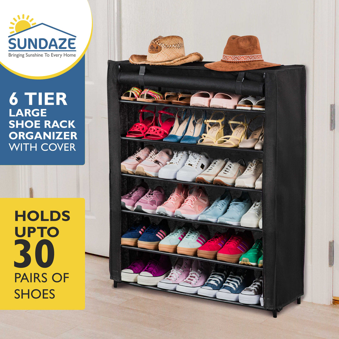 6 Tier, 34.3" Wide Shoe Rack with Cover for Front Door Entrance, Sturdy Tall Shoe Organizer for Bedroom, Closet, Garage, Non Woven Fabric Shelf, Black, Holds Up to 30 Pairs