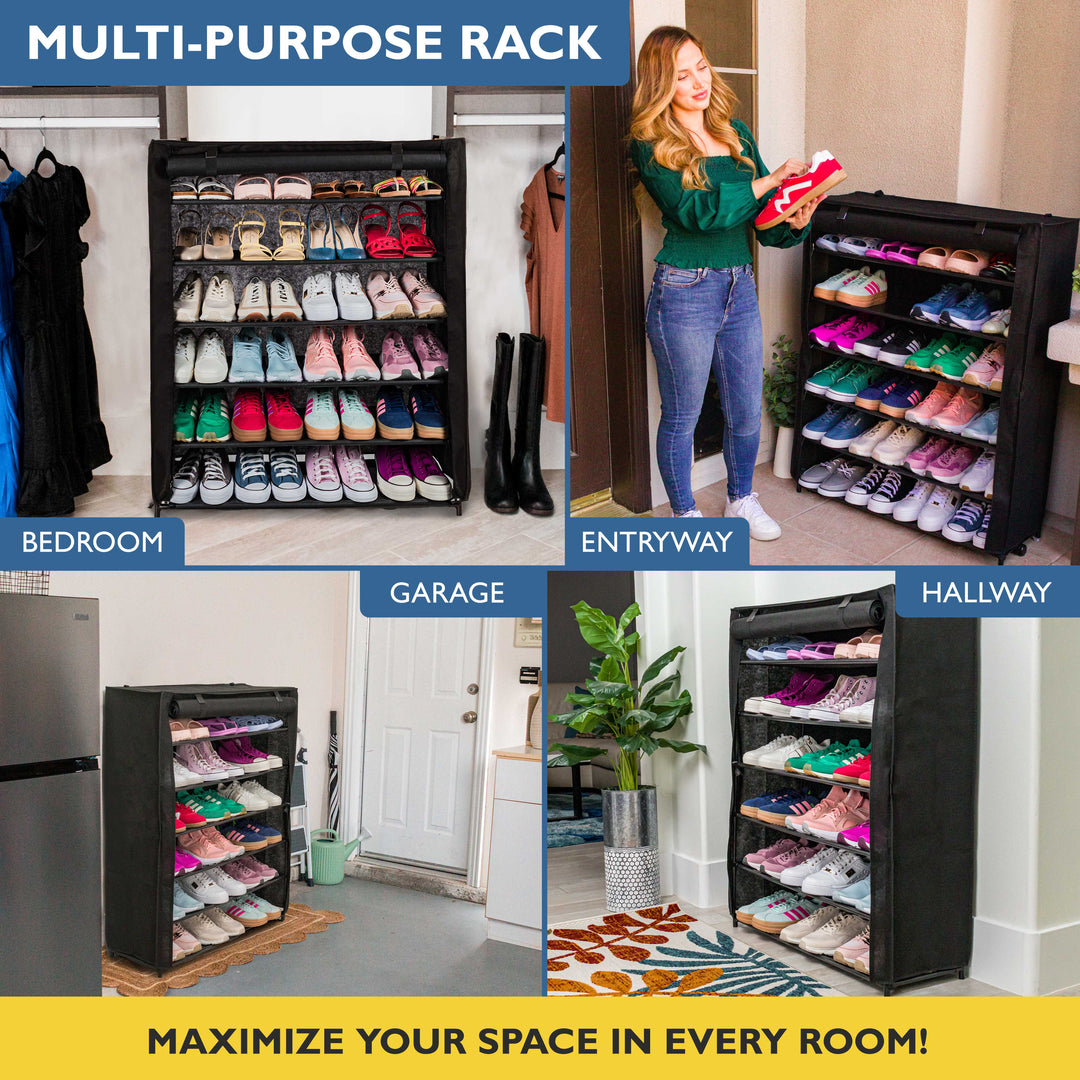 6 Tier, 34.3" Wide Shoe Rack with Cover for Front Door Entrance, Sturdy Tall Shoe Organizer for Bedroom, Closet, Garage, Non Woven Fabric Shelf, Black, Holds Up to 30 Pairs