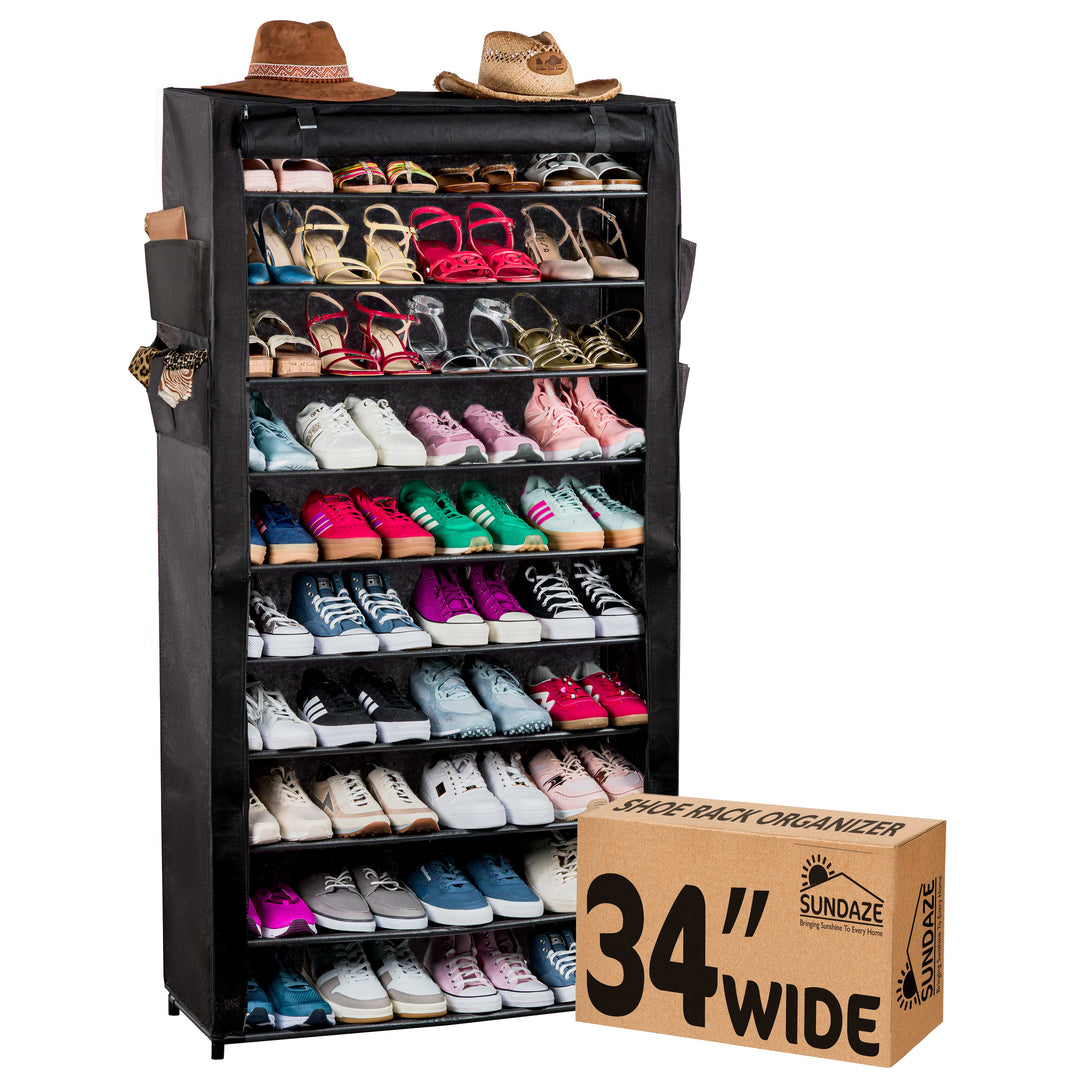 10 Tier, 34.3" Wide Shoe Rack with Cover for Front Door Entrance, Sturdy Tall Shoe Organizer for Bedroom, Closet, Garage, Non Woven Fabric Shelf, Black, Holds Up to 50 Pairs