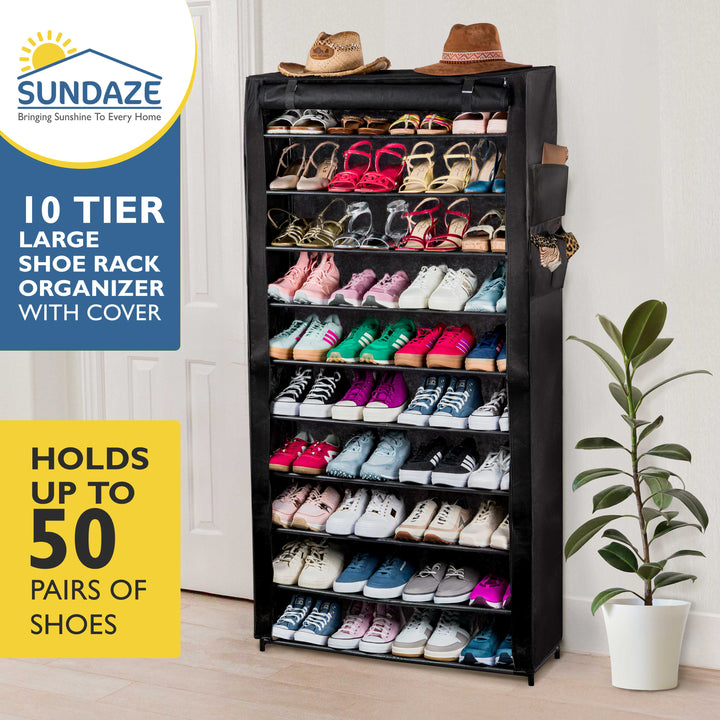 10 Tier, 34.3" Wide Shoe Rack with Cover for Front Door Entrance, Sturdy Tall Shoe Organizer for Bedroom, Closet, Garage, Non Woven Fabric Shelf, Black, Holds Up to 50 Pairs