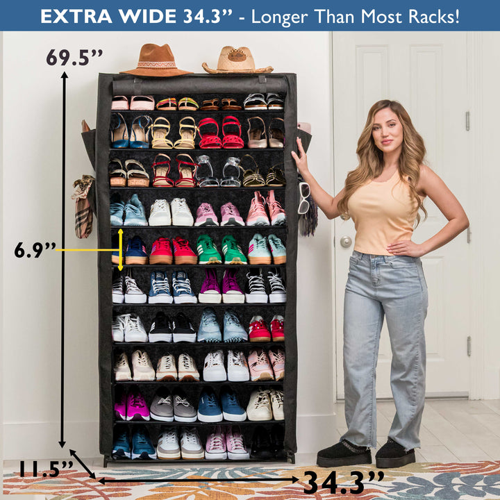 10 Tier, 34.3" Wide Shoe Rack with Cover for Front Door Entrance, Sturdy Tall Shoe Organizer for Bedroom, Closet, Garage, Non Woven Fabric Shelf, Black, Holds Up to 50 Pairs