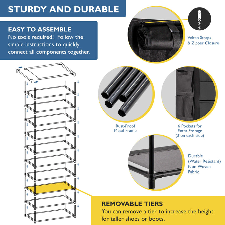 10 Tier, 34.3" Wide Shoe Rack with Cover for Front Door Entrance, Sturdy Tall Shoe Organizer for Bedroom, Closet, Garage, Non Woven Fabric Shelf, Black, Holds Up to 50 Pairs