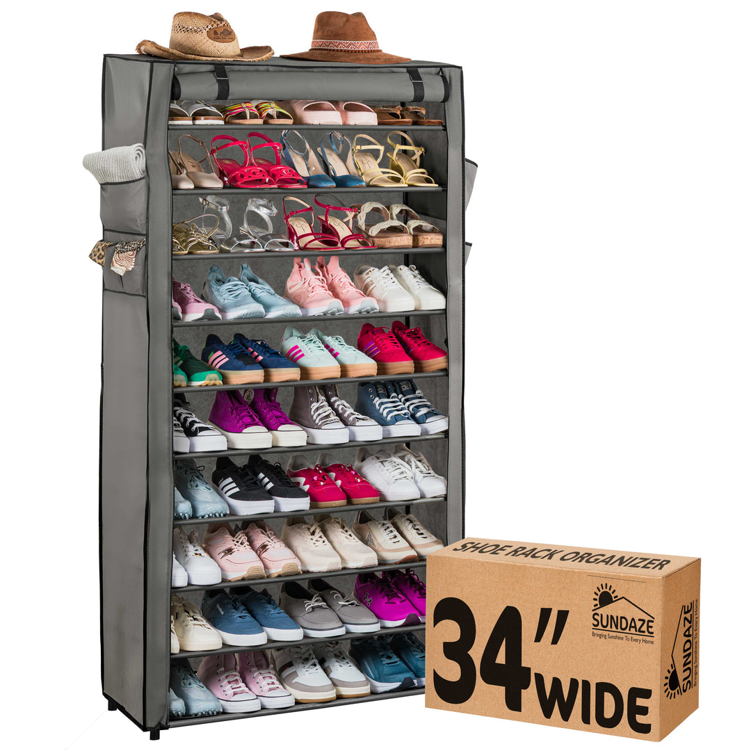 10 Tier, 34.3" Wide Shoe Rack with Cover for Front Door Entrance, Sturdy Tall Shoe Organizer for Bedroom, Closet, Garage, Non Woven Fabric Shelf, Grey, Holds Up to 50 Pairs