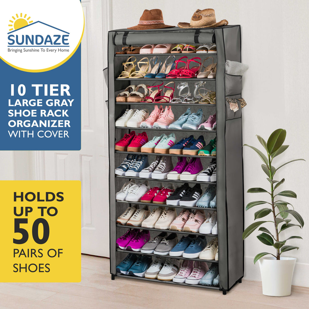 10 Tier, 34.3" Wide Shoe Rack with Cover for Front Door Entrance, Sturdy Tall Shoe Organizer for Bedroom, Closet, Garage, Non Woven Fabric Shelf, Grey, Holds Up to 50 Pairs