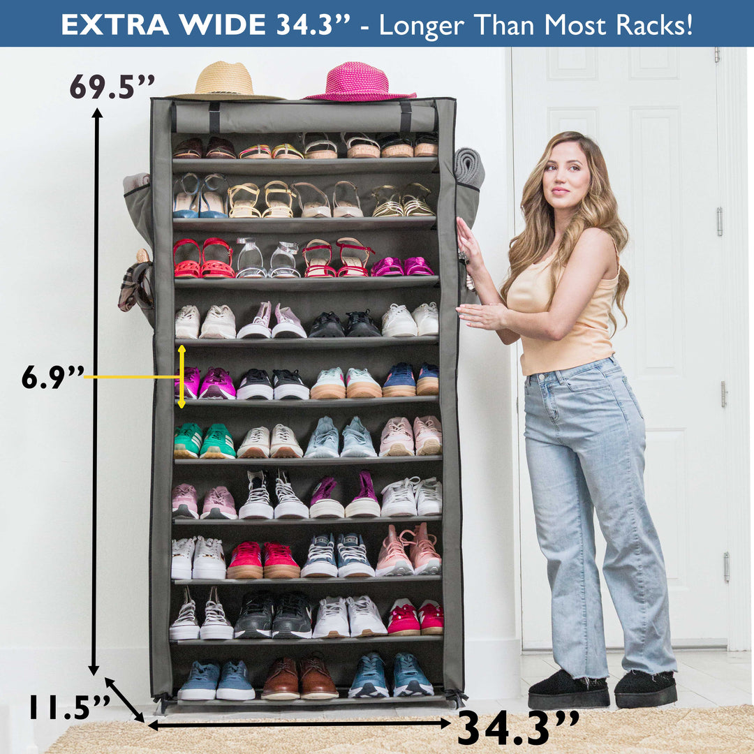 10 Tier, 34.3" Wide Shoe Rack with Cover for Front Door Entrance, Sturdy Tall Shoe Organizer for Bedroom, Closet, Garage, Non Woven Fabric Shelf, Grey, Holds Up to 50 Pairs