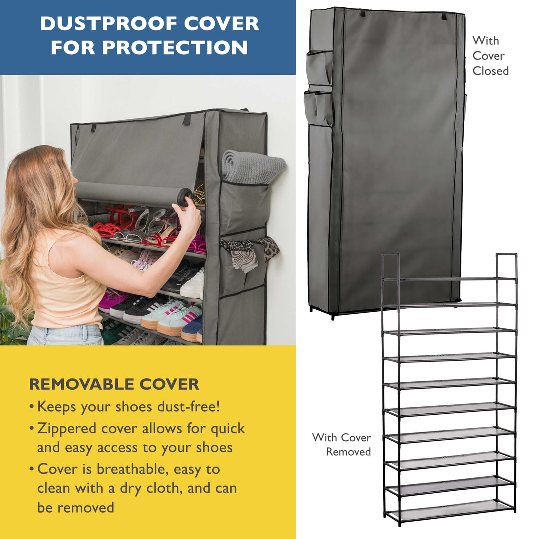 10 Tier, 34.3" Wide Shoe Rack with Cover for Front Door Entrance, Sturdy Tall Shoe Organizer for Bedroom, Closet, Garage, Non Woven Fabric Shelf, Grey, Holds Up to 50 Pairs