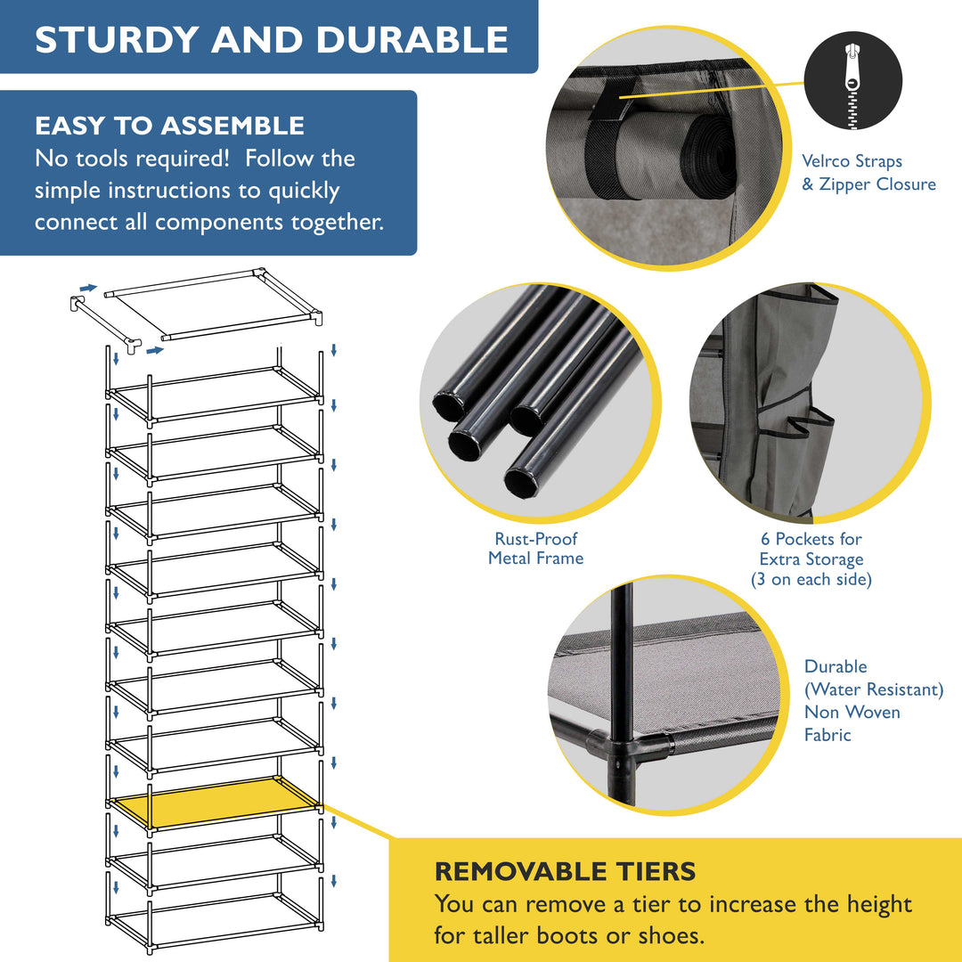 10 Tier, 34.3" Wide Shoe Rack with Cover for Front Door Entrance, Sturdy Tall Shoe Organizer for Bedroom, Closet, Garage, Non Woven Fabric Shelf, Grey, Holds Up to 50 Pairs
