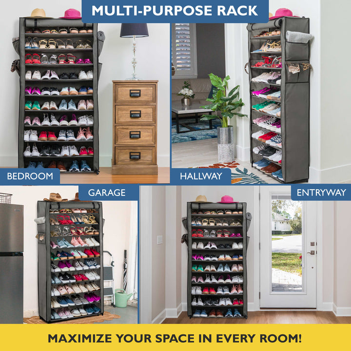 10 Tier, 34.3" Wide Shoe Rack with Cover for Front Door Entrance, Sturdy Tall Shoe Organizer for Bedroom, Closet, Garage, Non Woven Fabric Shelf, Grey, Holds Up to 50 Pairs