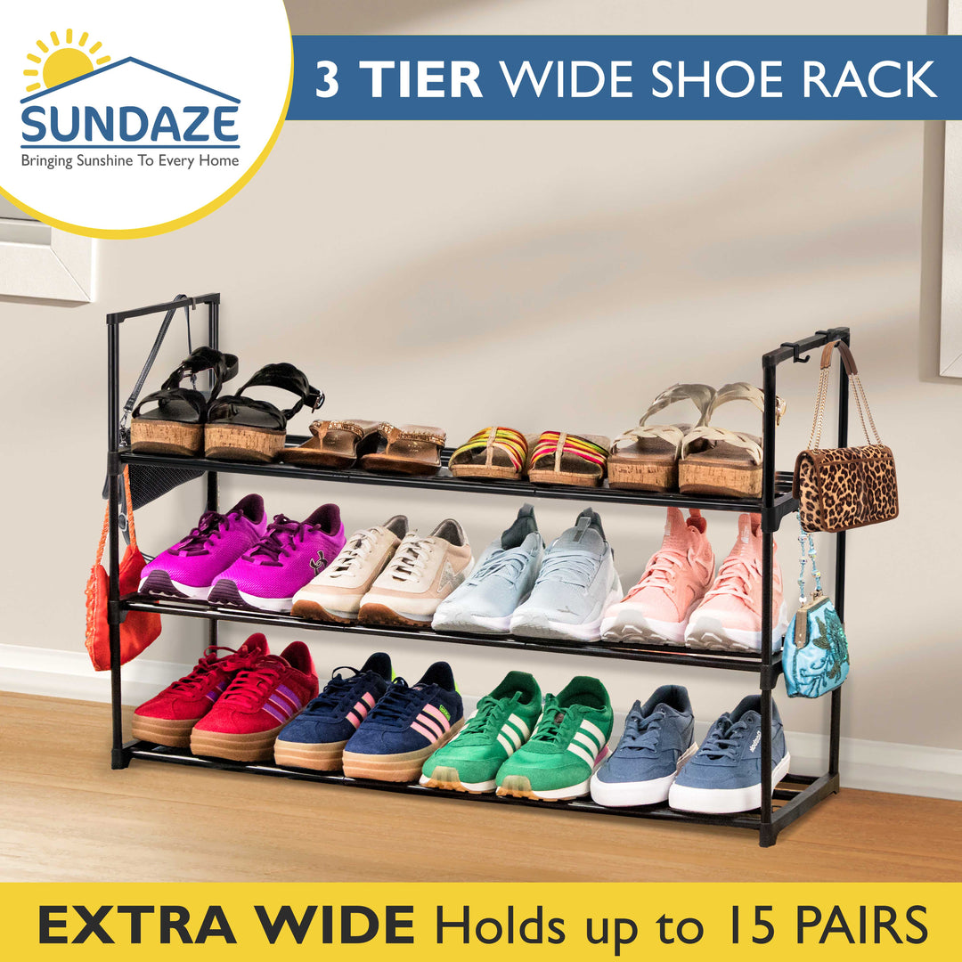 3 Tier, 36" Wide Metal Shoe Rack for Front Door Entrance, Sturdy Long Shoe Organizer for Closet, Bedroom, Entryway, Garage, Black Metal Shoe Shelf, Holds Up to 15 Pairs
