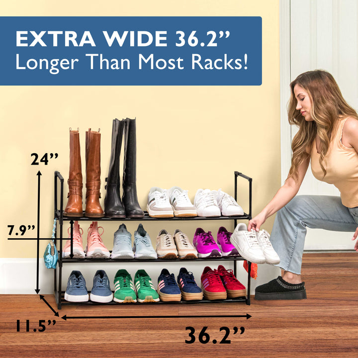 3 Tier, 36" Wide Metal Shoe Rack for Front Door Entrance, Sturdy Long Shoe Organizer for Closet, Bedroom, Entryway, Garage, Black Metal Shoe Shelf, Holds Up to 15 Pairs