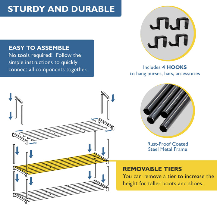 3 Tier, 36" Wide Metal Shoe Rack for Front Door Entrance, Sturdy Long Shoe Organizer for Closet, Bedroom, Entryway, Garage, Black Metal Shoe Shelf, Holds Up to 15 Pairs