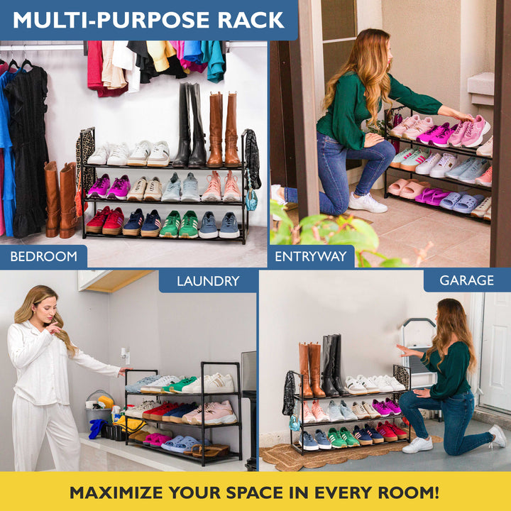 3 Tier, 36" Wide Metal Shoe Rack for Front Door Entrance, Sturdy Long Shoe Organizer for Closet, Bedroom, Entryway, Garage, Black Metal Shoe Shelf, Holds Up to 15 Pairs