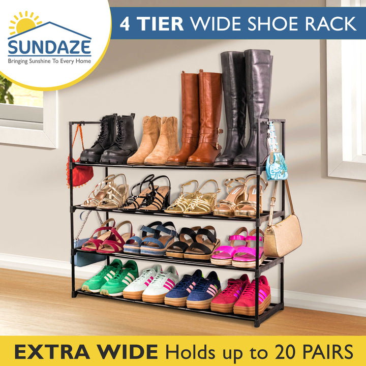 4 Tier, 36" Wide Metal Shoe Rack for Front Door Entrance, Sturdy Long Shoe Organizer for Closet, Bedroom, Entryway, Garage, Black Metal Shoe Shelf, Holds Up to 20 Pairs